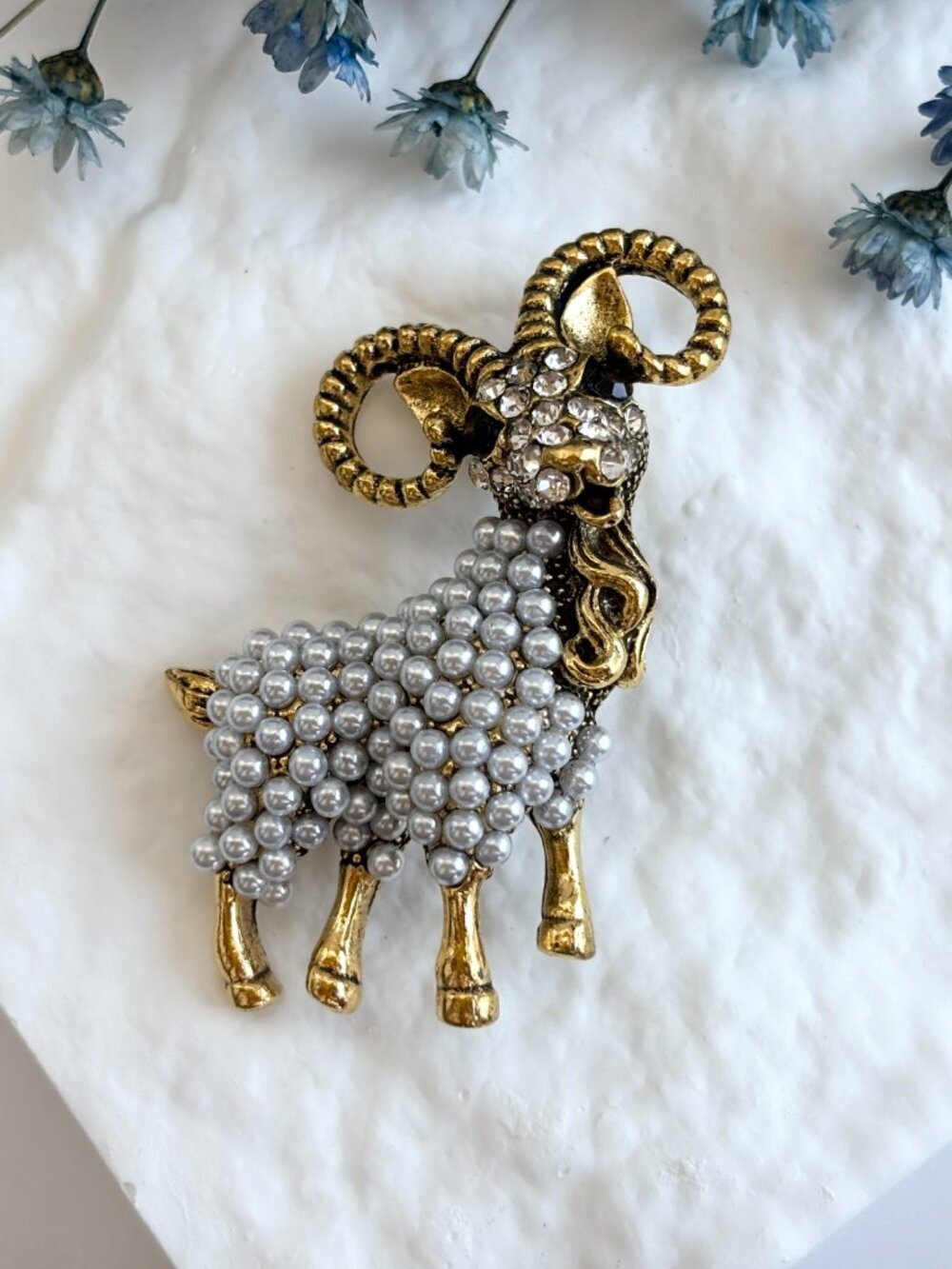 Goat Figural Gold Toned Pearl Accented Vintage Style Textured Brooch Pin - Picture 7 of 15